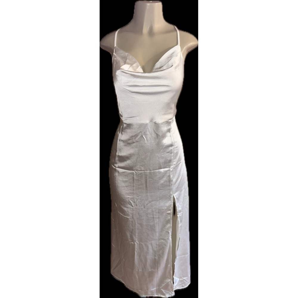 White Satin Cowl Neck Midi Dress Side Slit Adjustable Straps Formal Cocktail